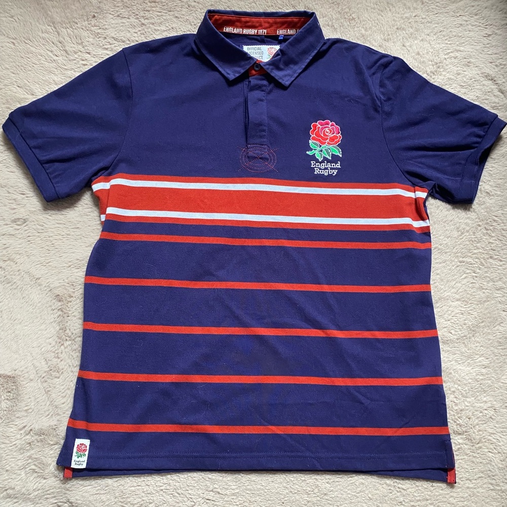 England Rose Rugby Short Sleeve Polo Shirt Size L Stripe Purple Orange National